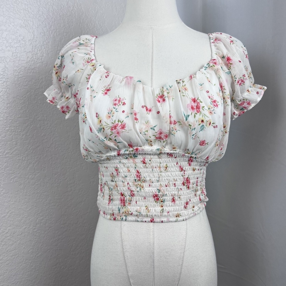 Y2K Smocked Milkmaid Top Womens Medium Floral Crop Fairy Cottagecore Coquette